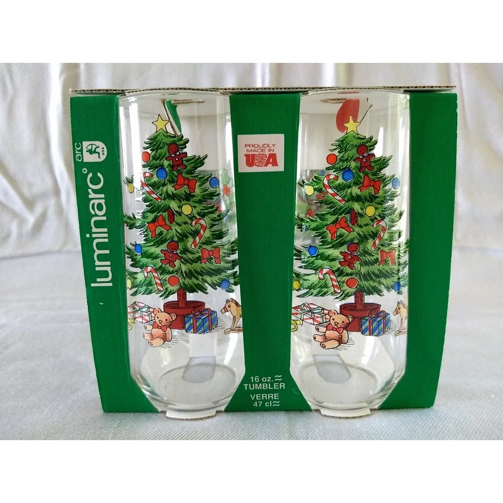 Luminarc Glass Tumblers 16oz NOEL Christmas Tree Holly‎ Vtg 90s Set of 4 NOS NEW